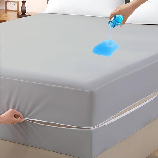 Mattress Protector Full Size 100% Waterproof Zippered Cover, 15 Inches Deep, Six-Sided Mattress Encasement for Bed, Zipper Closure Style (Light Grey)
