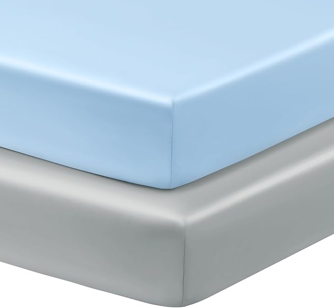 Horbaunal 2 Pack Satin Pack n Play Sheets for Baby with Sensitive Hair and Skin, Silky Mini Crib Sheets 38" x 24" x 5", Soft Playard Sheet Protector Baby Mattress Sheet, Baby Blue & Grey