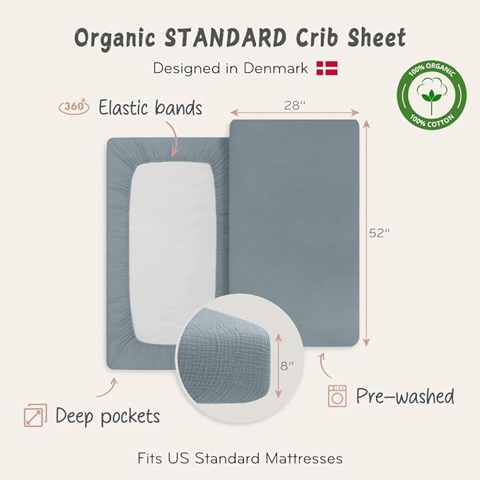 Crib Sheets – Organic Cotton Muslin Fitted Crib Sheet – Standard Size for Baby Boy and Baby Girl 28" x 52" Ultra-Soft and Breathable - 2-Pack (Tradewinds/Sage Green)