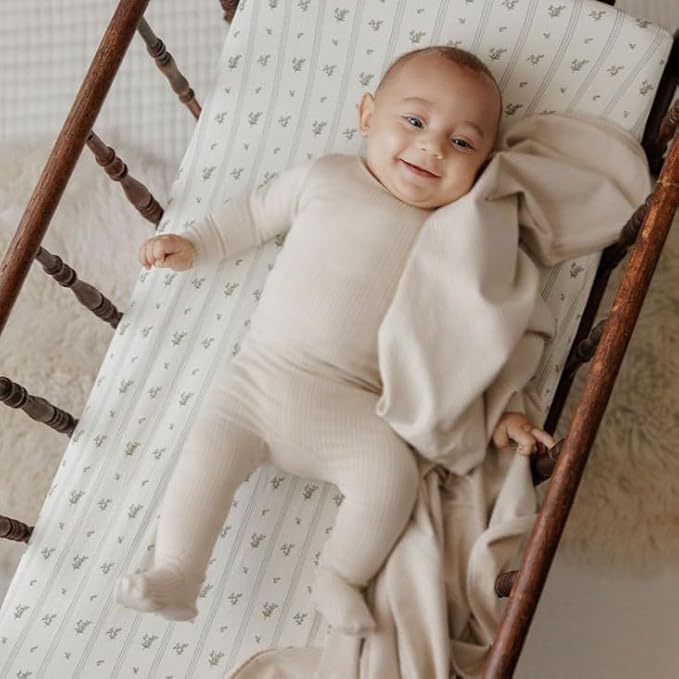 Ely's & Co. Bassinet Sheets, Baby Boy Fitted Bassinet Mattress Sheet Set - 2 Pack, 100% Jersey Knit Cotton, fits Oval, Hourglass and Rectangle Mattress, Blue Linear Berry Leaf, 32”x16”x3”