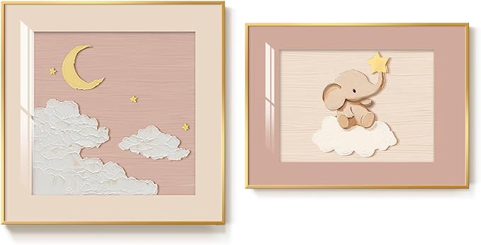 Framed Nursery Wall Art Set of 2, Cute Pink Elephant & Moon Artwork for Kids Room Walls Decor, Soft Neutral Baby Wall Pictures Prints for Bedroom Playroom Nursery Wall Decor, 24x24 & 24x18 Inch