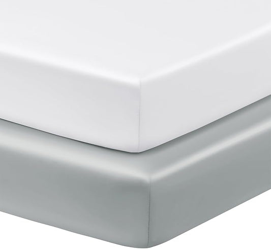 Horbaunal 2 Pack Satin Pack n Play Sheets for Baby with Sensitive Hair and Skin, Silky Mini Crib Sheets 38" x 24" x 5", Soft Playard Sheet Protector Baby Mattress Sheet, White & Grey