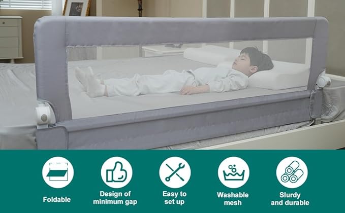 Toddler Bed Rails, 51 Inch Foldable Bed Rail for Toddlers, Baby Bed Rail Guard for Twin, Full, Queen Size Bed, Box, Platform Bed, with Reinforced Safety System