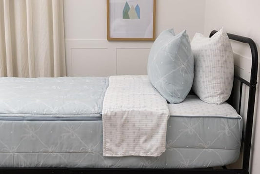 Beddy's Bow & Ribbon Themed Durable Zipper Bedding for Kids, Bed in a Bag, Baby Blue Comforter & White Pinstripe Sheets, Includes Pillowcase & Pillow Sham, Easy to Make & Wash