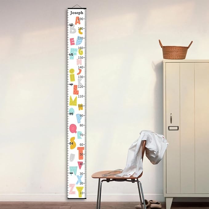 Personalized Growth Chart for Kids, Baby Height Chart with Custom Name, 77"x7.9" Canvas and Black Wood Height Measuring Rulers for Boys Girls Removable Wall Ruler Hanging for Nursery Decor - Alphabet