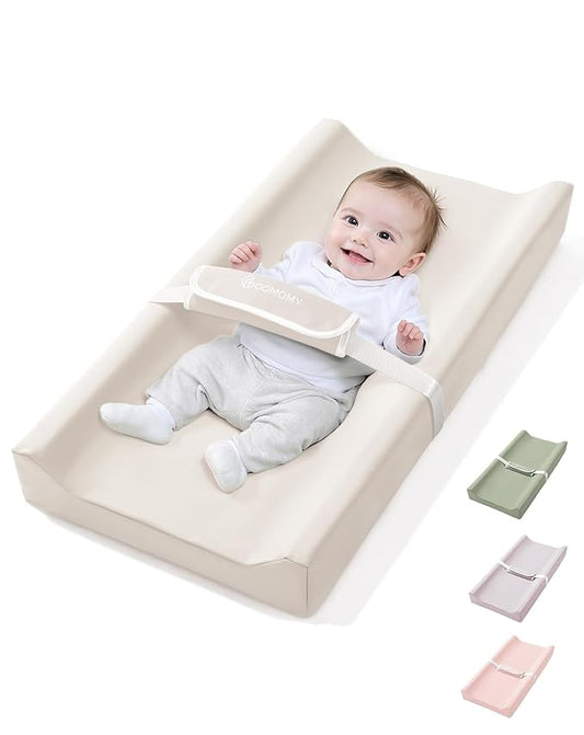 COMOMY Baby Changing Pad with Wipeable & Waterproof PU Cover, Contoured Diaper Changing Pad for Dresser with Non-Slip Safety Belt, Portable and Lightweight, Large Cushioned Foam, Beige