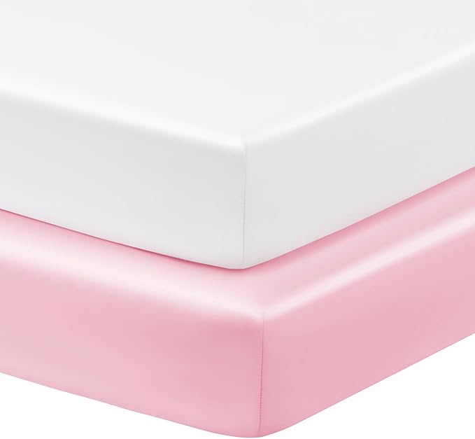 Horbaunal 2 Pack Satin Pack n Play Sheets for Baby with Sensitive Hair and Skin, Silky Mini Crib Sheets 38" x 24" x 5", Soft Playard Sheet Protector Baby Mattress Sheet, Blush Pink & White