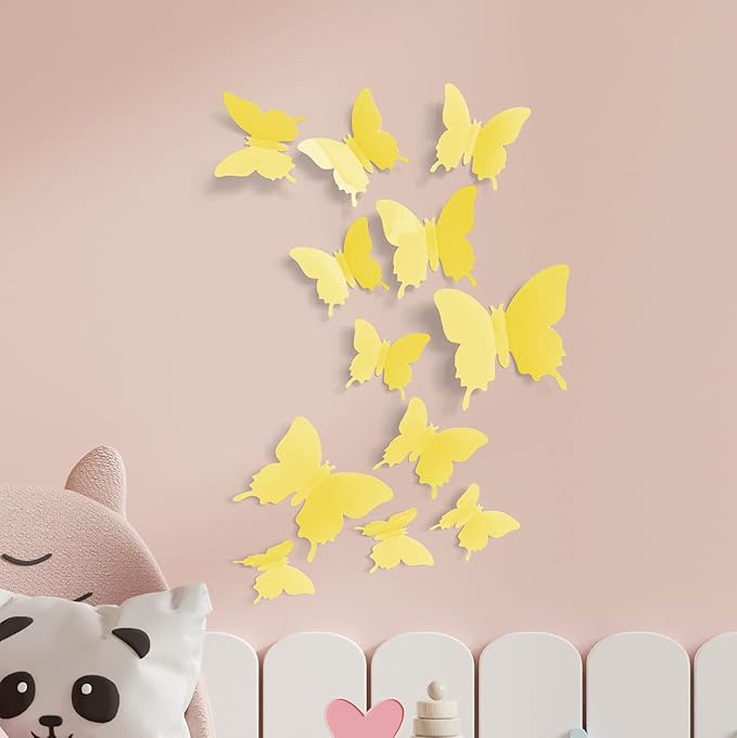 Cute Yellow Butterfly Wall Decor 24 pcs, Girls Room Wall Decals, Aesthetic Butterflies Stickers for Nursery Decorations, Baby Toddler Room Decor for Girls
