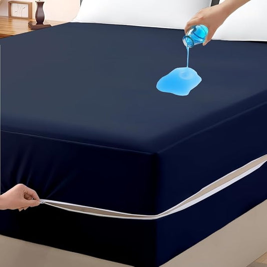 Mattress Protector Full Size 100% Waterproof Zippered Cover, 15 Inches Deep, Six-Sided Mattress Encasement for Bed, Zipper Closure Style (Navy Blue)