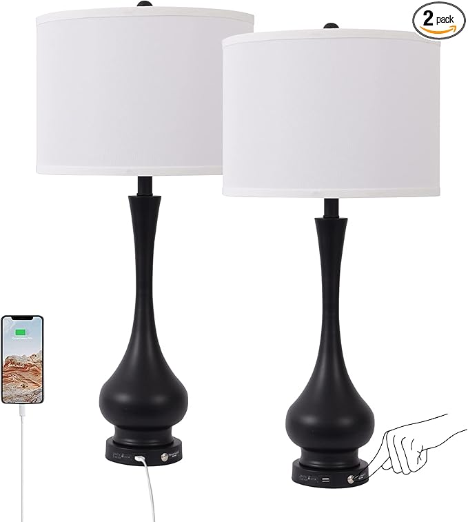 MWWANJLEE Touch Control Table Lamp Set of 2, 3-Way Dimmable Nightstand Lamp Sets with Linen Fabric Shade, Bedside Lamp with USB Port & E26 Socket, Modern Tall Table Lamp