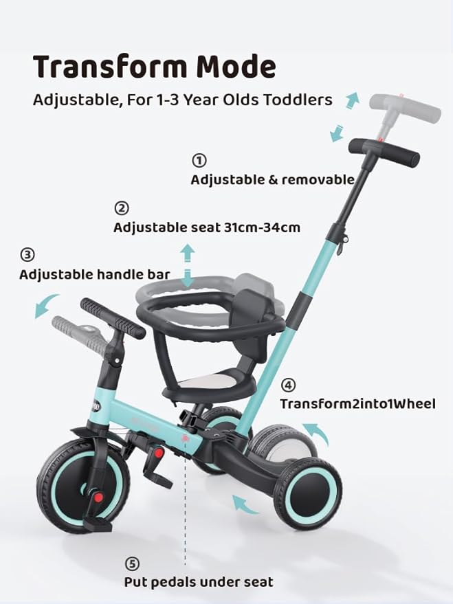newyoo Toddler Tricycles for 1-3 Year Olds, Toddler Bike, Baby Balance Bike, Christmas and Birthday Gift for Boy and Girl, Trike with Push Handle, Safety Guard, Safety Belt, Blue, TR008