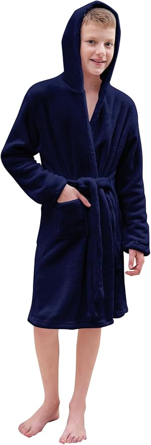 Umeyda Boys Girls Robes, Soft Fuzzy Fleece Hooded Bathrobes with Belt and Pockets for Kids, 1-18 Year