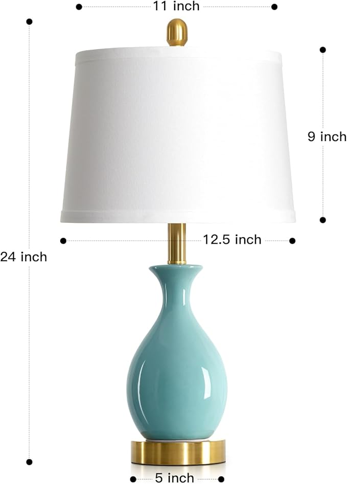 luxeflow 24" Bedroom Table Lamps Set of 2, Modern Classic Ceramic Lamps for Living Room, Small Bedside Table Lamp for Nightstand or End Table, Aqua Blue (2 LED Bulbs Included)