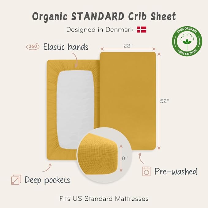Crib Sheets – Organic Cotton Muslin Fitted Crib Sheet – Standard Size for Baby Boy and Baby Girl 28" x 52" Ultra-Soft and Breathable. (Autumn Yellow)