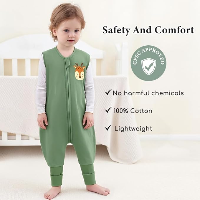 Toddler Sleep Sack with Feet 4-5 T, 1.0 TOG Cotton Baby Wearable Blanket with Legs, Sleep Bag Walker with 2-Way Zipper, Forest Animals+Green
