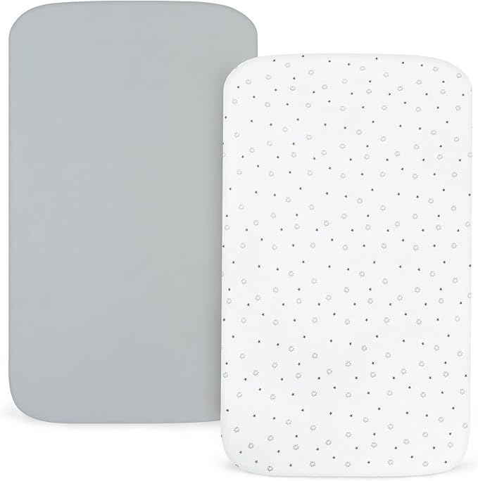 Pack and Play Sheets Fitted- Fit for Pamo Babe, Baby Trend, Graco, ADOVEL, Dream On Me and Other 25" x 36" Playard Mattress Cover, Ultra Soft & Stretchy Playpen Sheets, Grey & White Star, 2 Pack