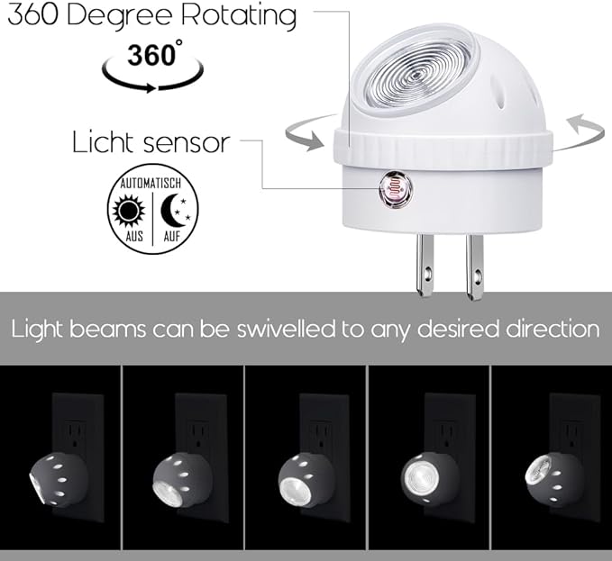Emotionlite Plug-in Night Lights, Neutral White LED Nightlight, 360° Rotation, Dusk to Dawn Sensor, Kids, Adult, Bedroom, Hallway, Bathroom,Kitchen, Stairways, Corridor, 4 Pack