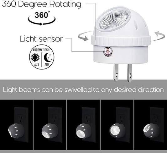 Emotionlite Plug-in Night Lights, Neutral White LED Nightlight, 360° Rotation, Dusk to Dawn Sensor, Kids, Adult, Bedroom, Hallway, Bathroom,Kitchen, Stairways, Corridor, 4 Pack