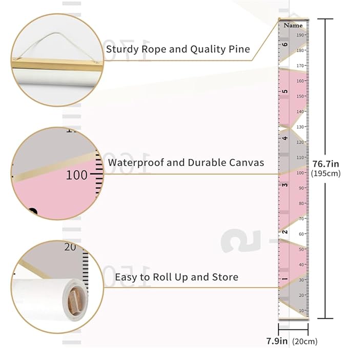 Nustila Pink Gray Color Block Growth Chart for Kids Baby Height Chart Ruler Removable Canvas Wooden Frame Hanging Wall Rulers Measurement Charts for Toddler Room Decor - 79"X7.9" with Beige Wood