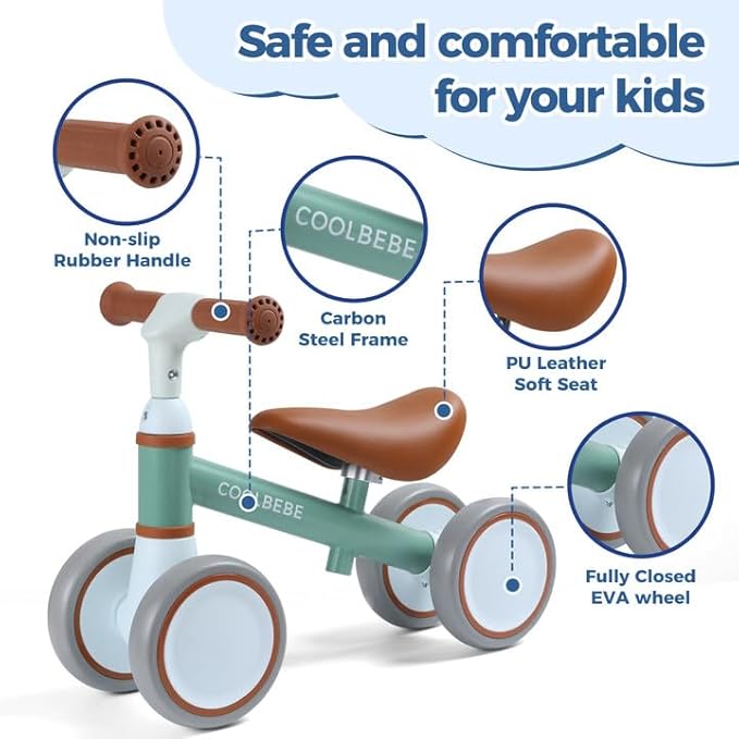 COOLBEBE Baby Balance Bike for 1 Year Old Boys Girls Gift, 2 Year Old Toddler Balance Bike with 4 Silent Wheels, One Year Old Birthday Gift Children for 12M-36M Pre-School
