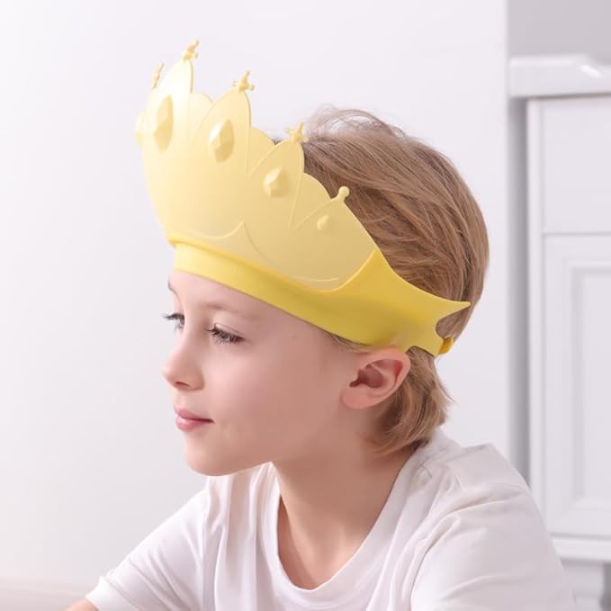 Baby Shower Cap Shield, Baby bath set shower cap/water cup/massage brush,Visor Hat for Eye and Ear Protection for 0-9 Years Old Children,Cute Crown Shape Makes the Baby Bath More Fun (Yellow)