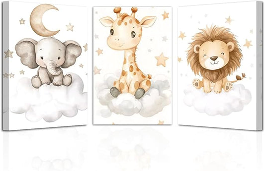 LZIMU Nursery Animal Canvas Wall Art 3 Pieces Cute Animal Baby Picture Prints Woodland Nursery Painting for Kids Boy Girls Room Decor Framed (White, 12x16inchx3 Pieces)