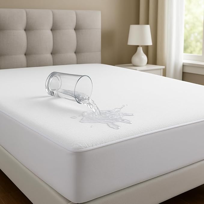 NON Sticky cotton Waterproof Terry Cotton Mattress Protector, 15" Deep Pocket Fitted Cover, Breathable Noiseless Washable, Twin XL 39" x 80", Solid White