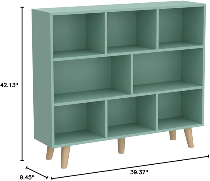 IOTXY Wooden Open Shelf Bookcase - 3-Tier Floor Standing Display Cabinet Rack with Legs, 8 Cubes Bookshelf, Tiffany-Green | Display Cabinet, Rack, with Legs, Bookshelf