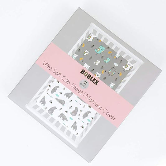 BROLEX Baby Fitted Crib Sheets: Kid Crib Sheets - Set of 2 for Toddler Standard Size Crib Mattress for Boys and Girls - Jersey Knit Crib Bed Sheets Owl Bear