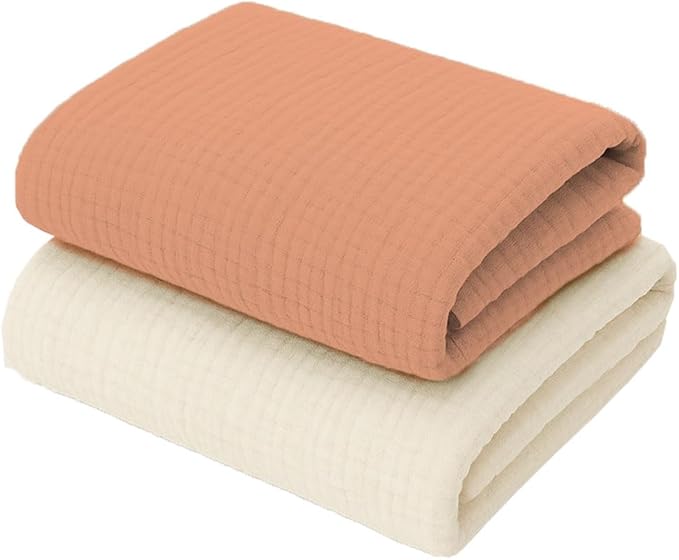 Mère & Moi Muslin Fitted Crib Sheets – 100% Cotton, Ultra-Soft & Breathable Baby Bedding for Standard Crib & Toddler Mattress (28” x 52”) - 2 Pack (Peach and Sand)