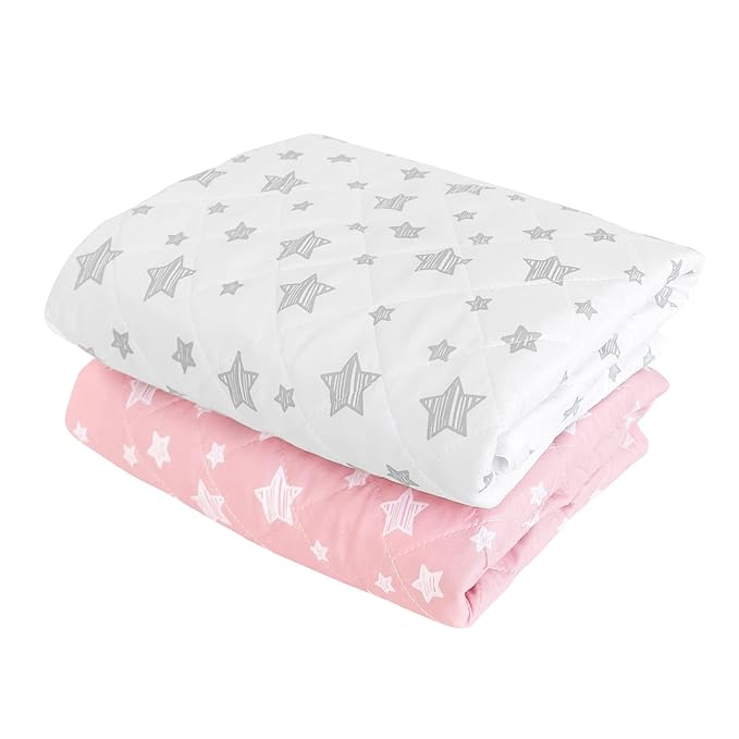 Crib Mattress Protector Waterproof 2 Pack, Quilted Crib Mattress Pad Cover 52" x 28" Extra Soft Breathable Toddler Bed Cover Stretch Up to 8", Pink & White Star