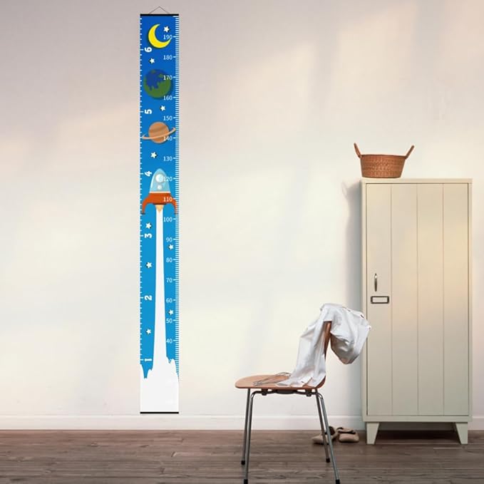 Baby Height Growth Chart - Canvas Height Chart for Kids Baby Child Toddler Boys Girls Growth Chart for Wall Room Nursery Decor Hangable and Removable Measuring Wall Ruler (Rocket, Black Wood)