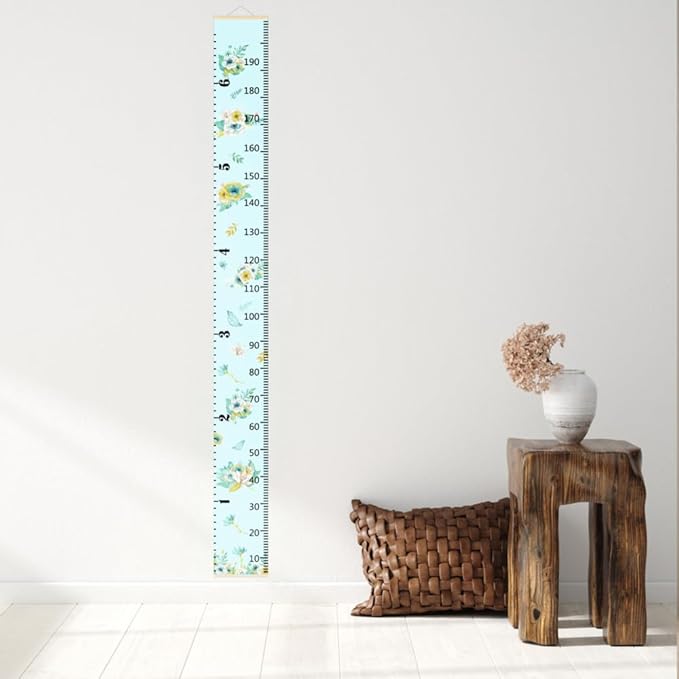 Nustila Flowers Plants Growth Chart for Kids Baby Height Chart Ruler Removable Canvas Wooden Frame Hanging Wall Rulers Measurement Charts for Floral Toddler Room Decor - 79"X7.9" with Beige Wood