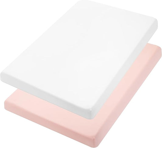 TILLYOU Mini Crib Fitted Sheets - Soft Knit Sheet for Pack N Play, Microfiber Mini Crib Sheets, Playpen Bedding Sheet for Baby 2 Pack, Machine Washable, White & Peachy Pink