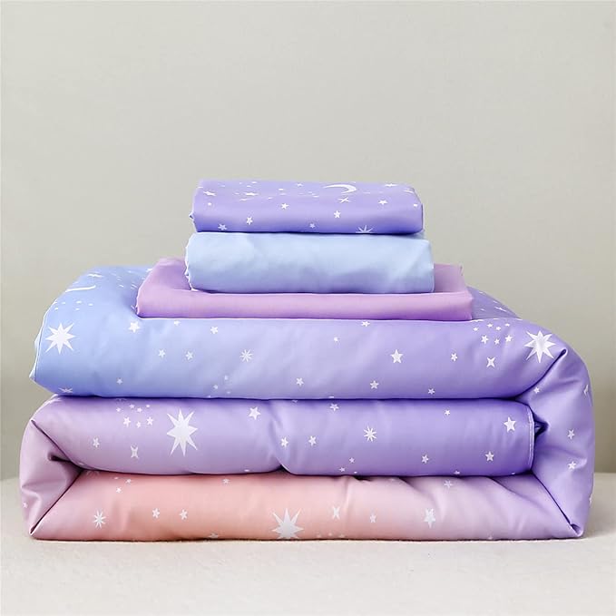 URBONUR 4 Piece Toddler Bedding Set for Girls Glitter Purple Orange Toddler Bedding Set Gradient Stars Print Girls Bedding Toddler Comforter Set