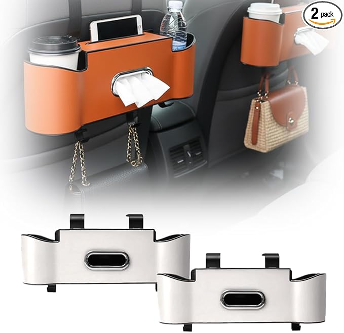 asfanst 3-in-1 Car Backseat Organizer with Cup Holder, Tissue Box, and Hooks, Multifunctional Back Seat Storage for Phones, Snacks, Drinks, and Handbags (2, Beige)
