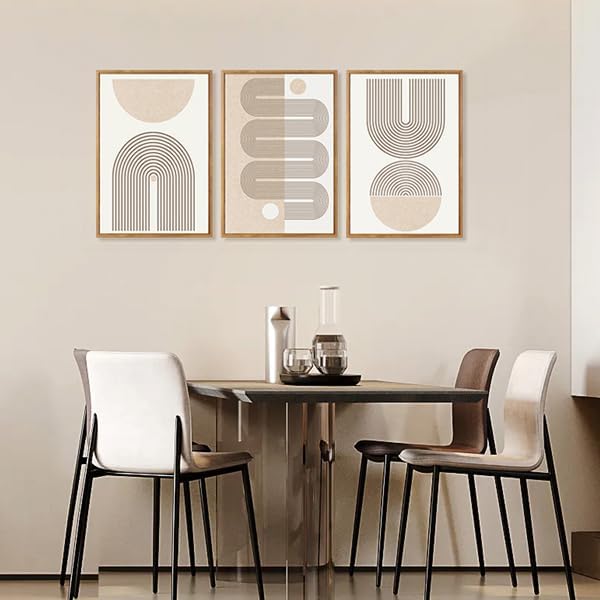 CHDITB Boho Framed Canvas Wall Art Set, Beige Bohemian Line Wall Decor, Mid-Century Modern Wall Painting, Abstract Neutral Geometric Art Print for Living Room, Bedroom, Office - 16"x24"x3
