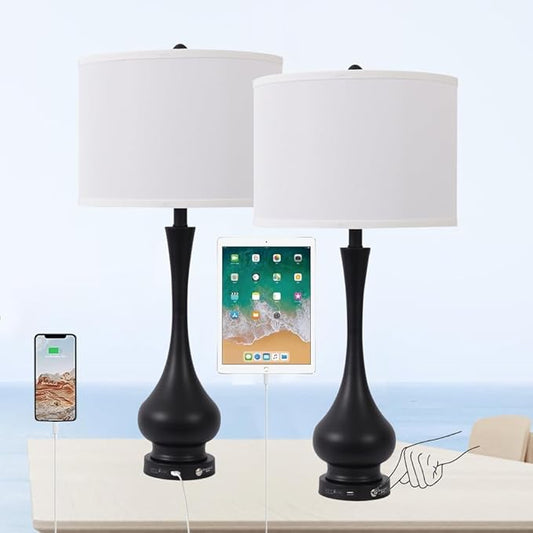 MWWANJLEE Touch Control Table Lamp Set of 2, 3-Way Dimmable Nightstand Lamp Sets with Linen Fabric Shade, Bedside Lamp with USB Port & E26 Socket, Modern Tall Table Lamp