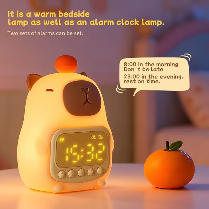 DNBFLLK Capybara Alarm Clock with Night Light for Kids, Cute Toddler Alarm Clocks for Bedrooms Ok to Wake Clocks for Girls and Boys, Rechargeable Silicone Animal Tabletop Lamp for Kid