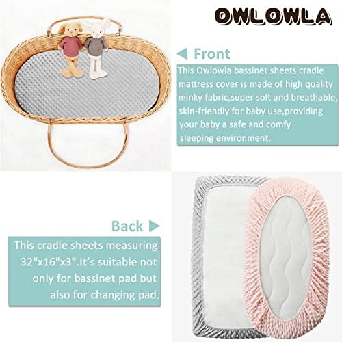 Owlowla Bassinet Sheet Set,Ultra Soft Minky Cradle Sheets Universal Fitted Bassinet Pad/Mattress for Baby Boys Girls(Grey/Pink)