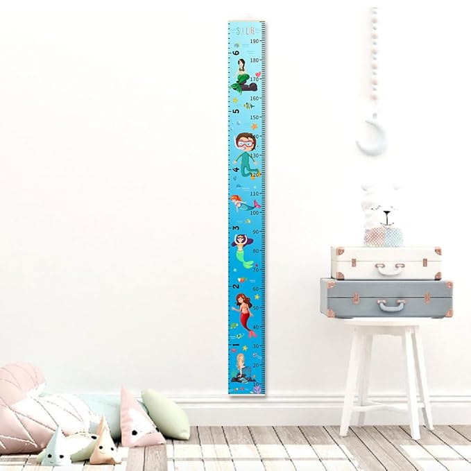 Baby Height Growth Chart - Canvas Height Chart for Kids Baby Child Toddler Boys Girls Growth Chart for Wall Room Nursery Decor Hangable and Removable Measuring Wall Ruler (Mermaid, Beige Wood)