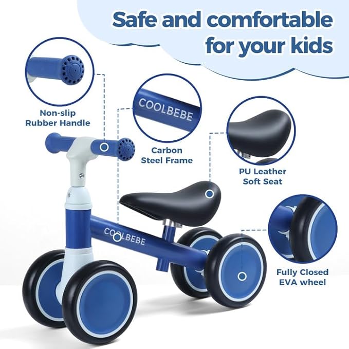 COOLBEBE Baby Balance Bike for 1 Year Old Boys Girls Gift, 2 Year Old Toddler Balance Bike with 4 Silent Wheels, One Year Old Birthday Gift Children for 12M-36M Pre-School