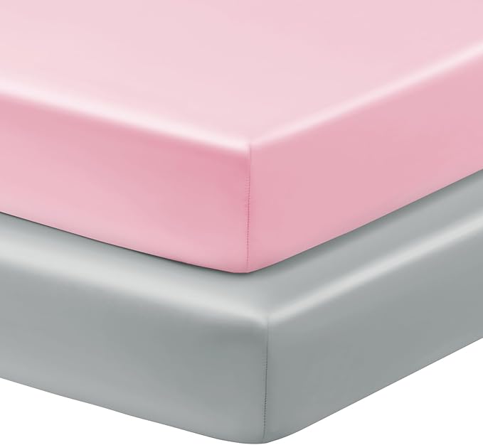Horbaunal 2 Pack Satin Pack n Play Sheets for Baby with Sensitive Hair and Skin, Silky Mini Crib Sheets 38" x 24" x 5", Soft Playard Sheet Protector Baby Mattress Sheet, Blush Pink & Grey
