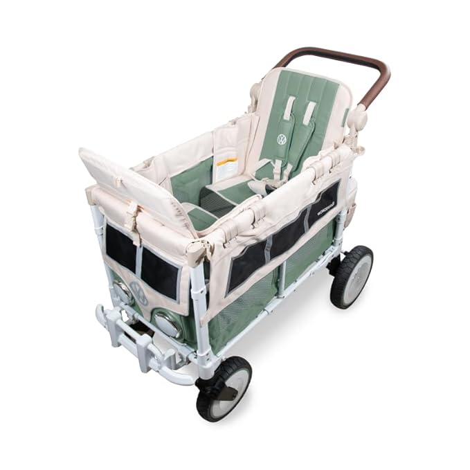 WONDERFOLD Volkswagen Double Stroller Wagon (2 Seater) - Foldable Wagon Stroller with Classic VW Bumper, Headlights, and Retro All-Terrain XL Wheels, Sage Green