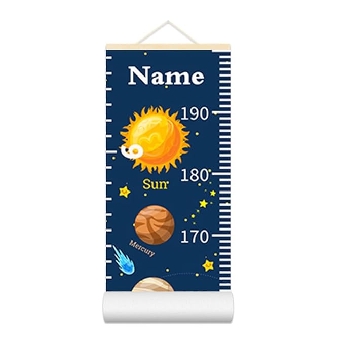 Personalized Growth Chart for Kids, Baby Height Chart with Custom Name, 77"x7.9" Canvas and Beige Wood Height Measuring Rulers for Boys Girls Removable Wall Ruler Hanging for Nursery Decor - Planets
