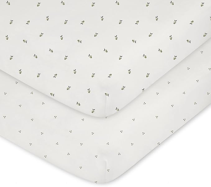 Ely's & Co. Patent Pending Waterproof Pack and Play Sheets, 100% Cotton with Waterproof Lining – 2 Pack Fitted Mini Crib Sheet Set, Berry and Cluster Dot (Sage) 38” x 24”