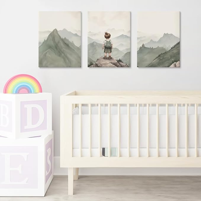 Baby Girl Adventure Toddler Decor Set, Vintage Hiking Woodland Mountain Nursery Wall Art, Framed 16"x24"