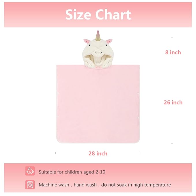PINNKKU 3D Unicorn Hooded Towel, Ultrasoft & Absorbent Bath Towel for Babies, Infant, Toddler and Kids, Beach Poncho Towels, Gifts for Girl 28" x 55" (Pink)