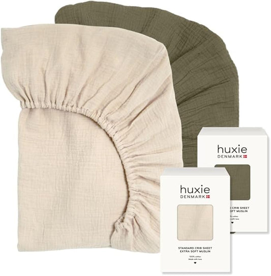 Crib Sheets – Organic Cotton Muslin Fitted Crib Sheet – Standard Size for Baby Boy and Baby Girl 28" x 52" Ultra-Soft and Breathable. 2-Pack (Fog/Sage Green)