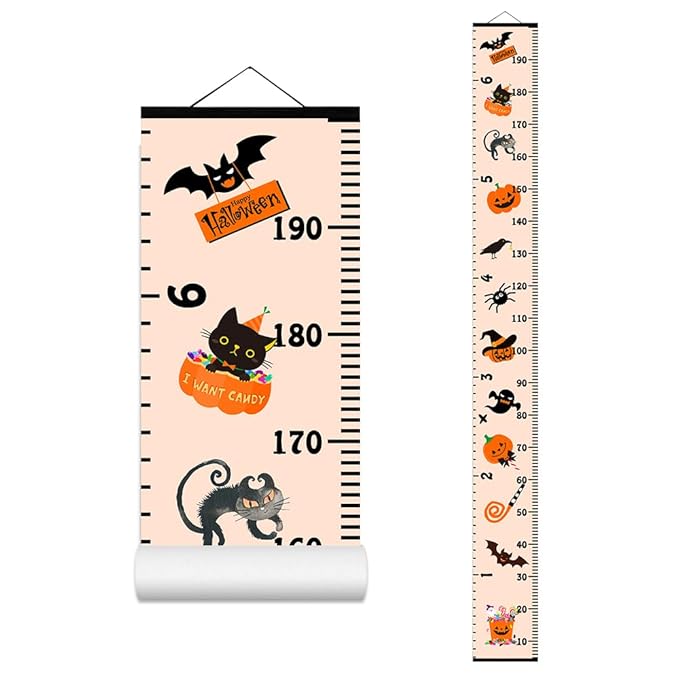 Halloween Baby Height Growth Chart - Canvas Height Chart for Kids Baby Child Toddler Boys Girls Growth Chart for Wall Room Nursery Decor Hangable and Removable Measuring Wall Ruler (A, Black Wood)